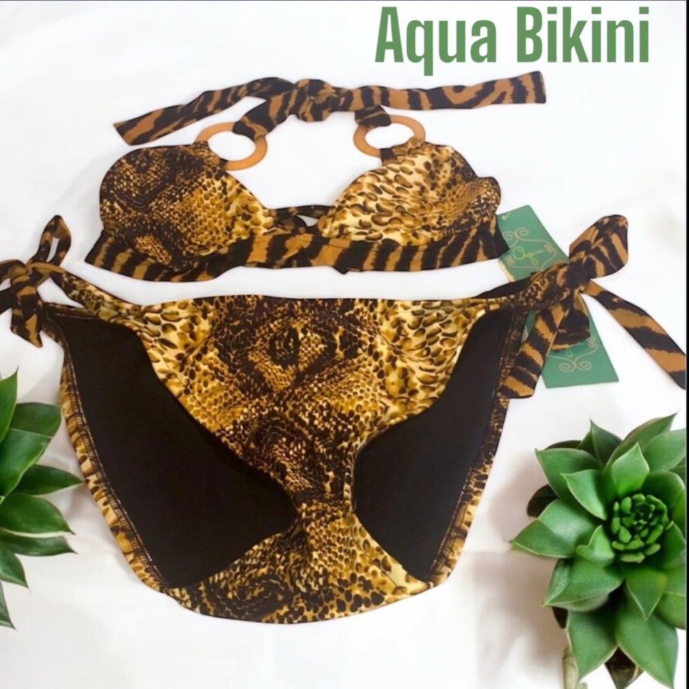Aqua Snake 🐍 Print Triangle Halter Top with Tie Bikini 👙 Bottoms Size Med NWT